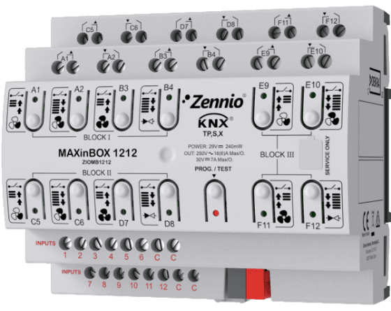 Zennio MAXinBOX 1212 - Actionneur multifonction avec KNX Secure - 12 sorties 16 A / 12 entrées A/N - ZIOMB1212