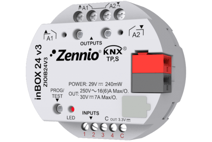 Zennio inBOX 24 v3 - inBOX 24-v3 Actionneur multifonction encastrable avec 2 sorties de relais (16 A C-Load) et 4 entrées analogiques-numériques ZIOIB24V3